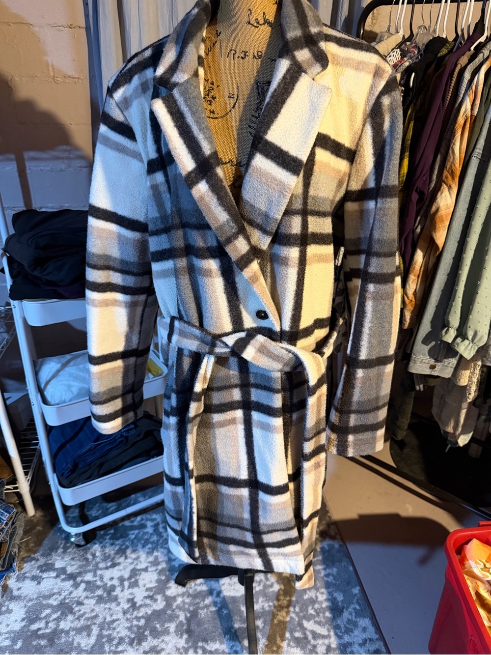 Maurices Plaid Belted Wool-Blend Coat - White & Black 3X